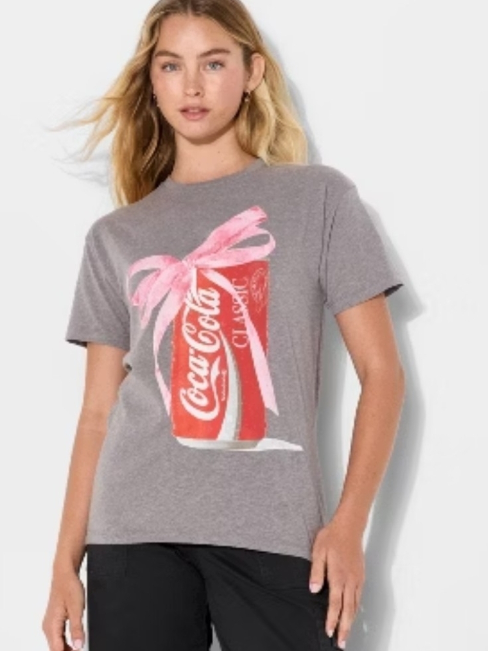 Coca-Cola Gray Tee with Red Can and Pink Bow Graphic